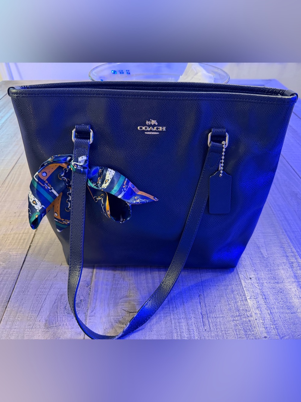 Coach Navy Leather Tote with Patterned Scarf Accent